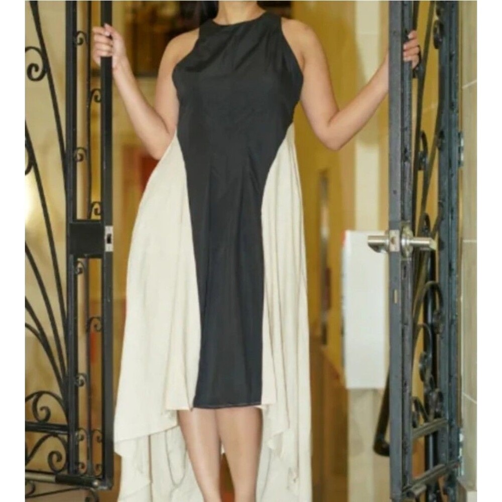 Eien Maxi  Dress Womens 1XLBlack & Beige High Low Pockets Draped Bohemian Chic